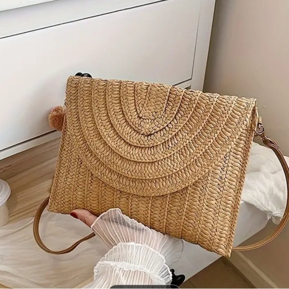 Tan Crossbody Bag with Woven Design and Semi-Circular Shape